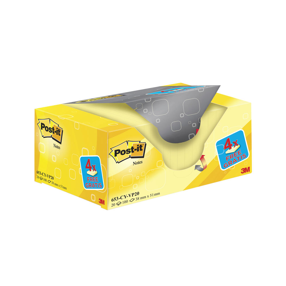 Post-it Notes 38x51mm Canary Yellow (Pack of 20) 653CY-VP20