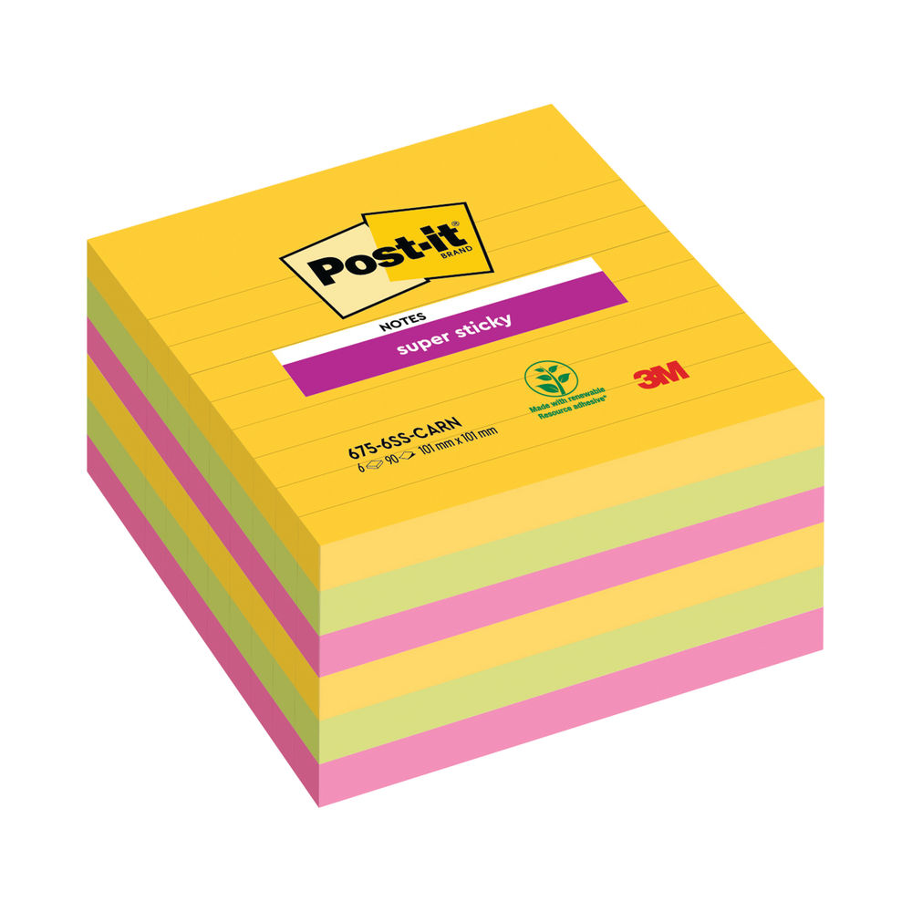 Post-it 101 x 101mm Rio Super Sticky XL Lined Notes, Pack of 6 | 675-SS6-RIO