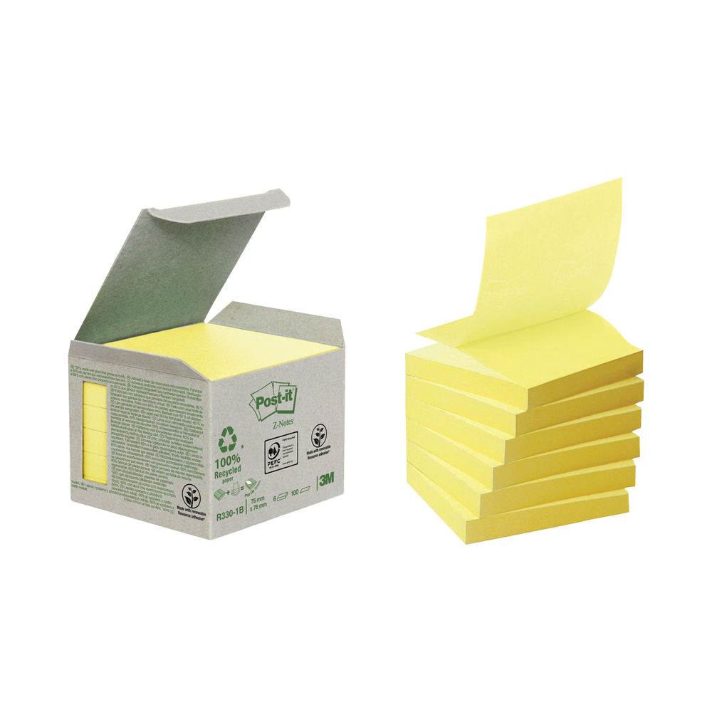 Post-it 76 x 76mm Canary Yellow Recycled Z-Notes, Pack of 6