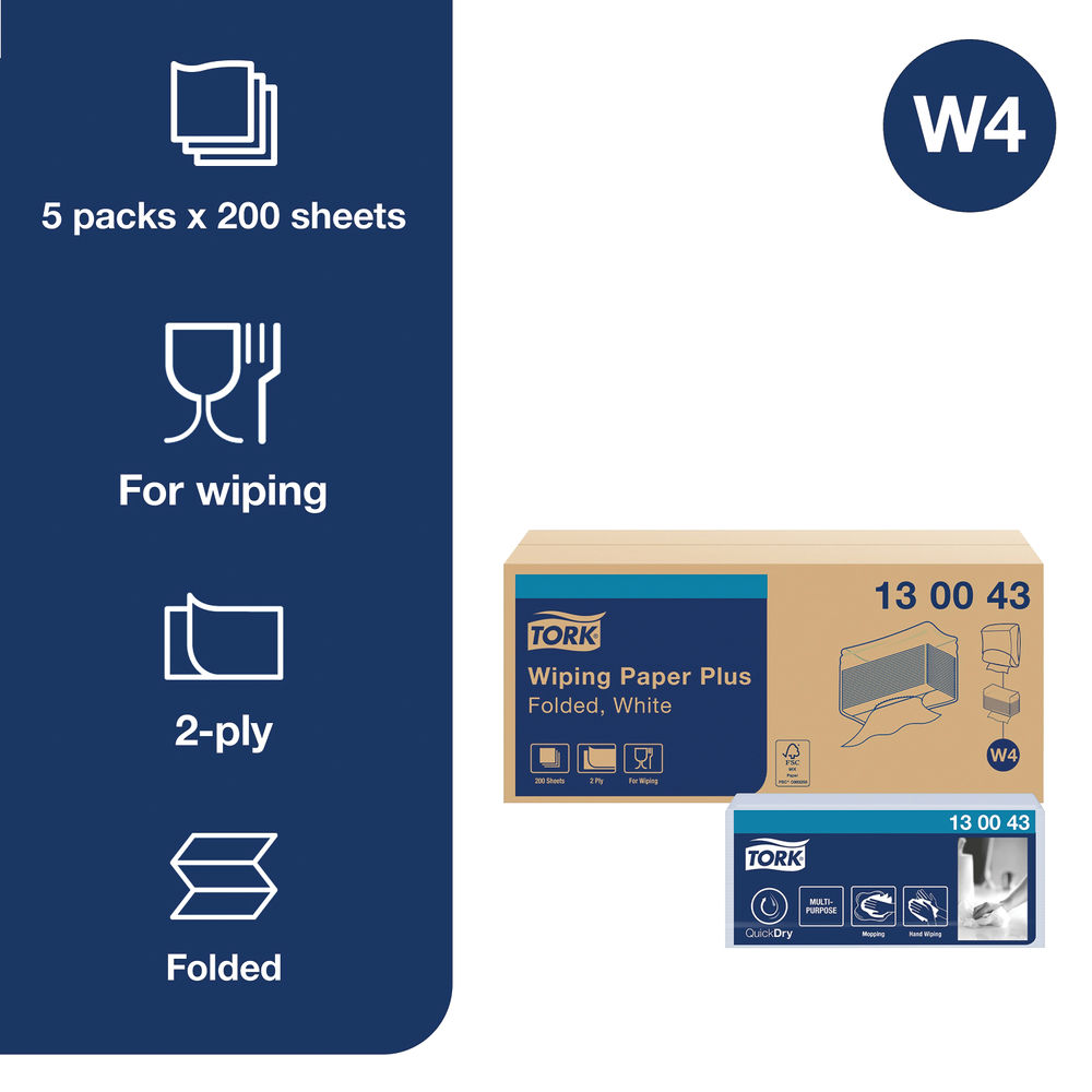 Tork W4 White 2-Ply Wiping Paper Plus (Pack of 5)