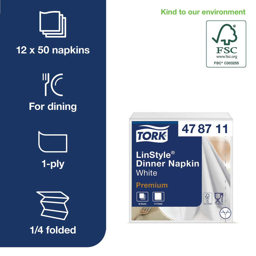 Tork LinStyle 1-Ply Dinner Napkins 390x390mm (Pack of 50)