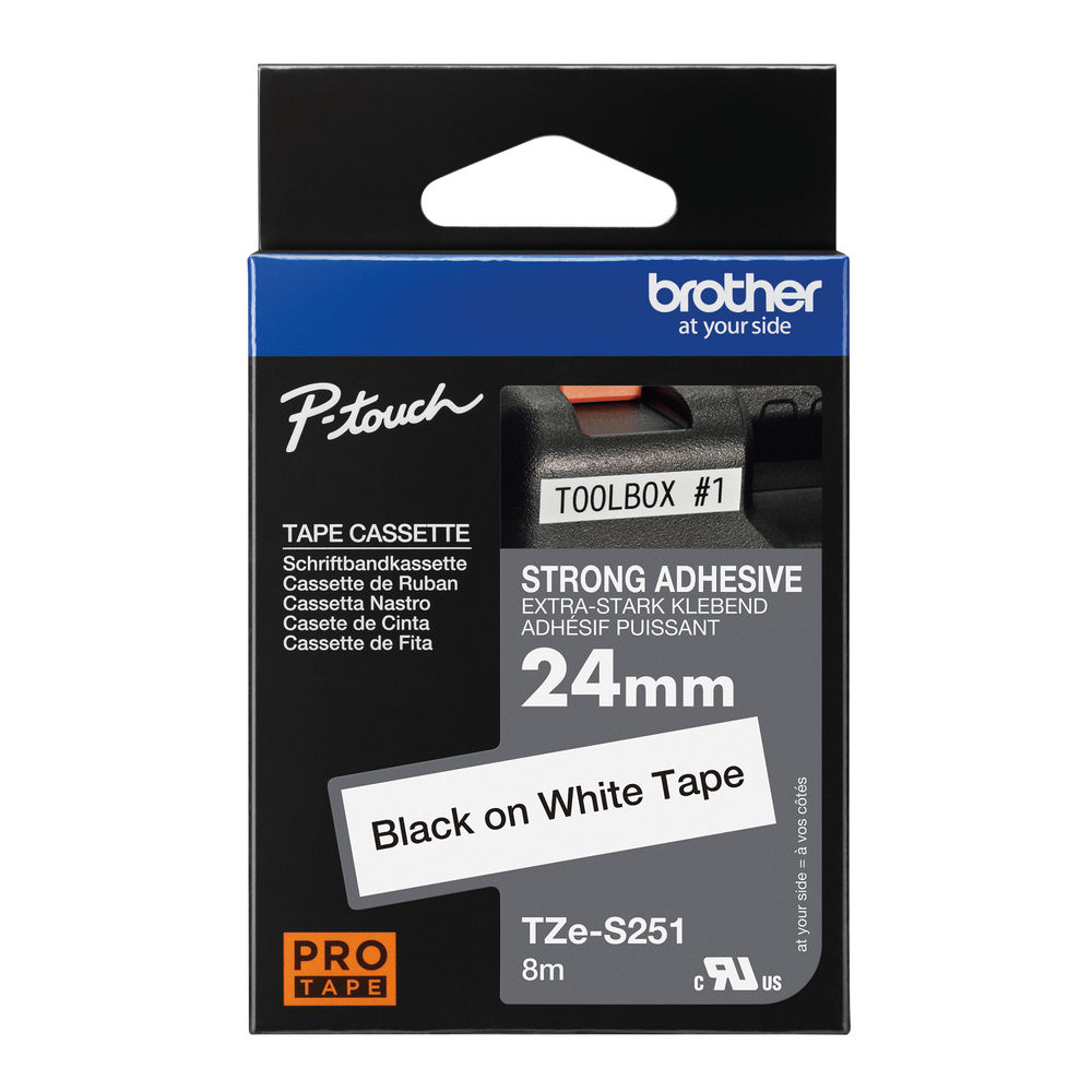 Brother P-Touch TZe Laminated Tape Cassette 24mm x 8m Black on White Tape TZE-S251