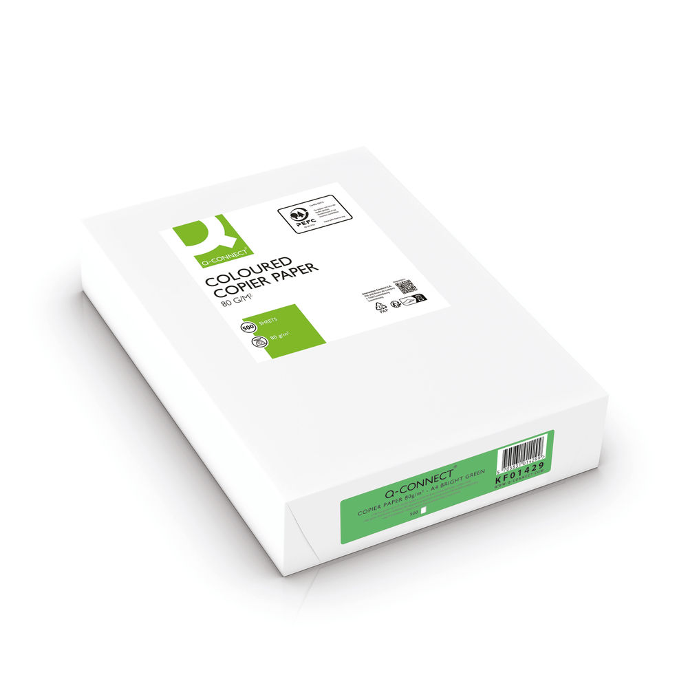 Q-Connect Bright Green Coloured A4 Copier Paper 80gsm Ream (Pack of 500) KF01429