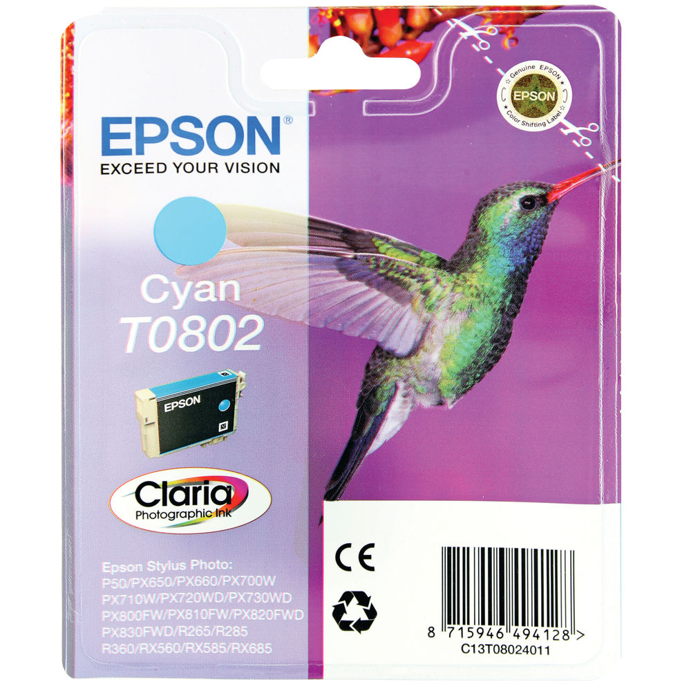 Epson T0802 Photographic Ink Cartridge Claria Cyan C13T08024011