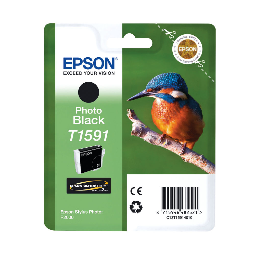 Epson T1591 Ink Cartridge Ultra Chrome Hi-Gloss2 Kingfisher Photo Black C13T15914010