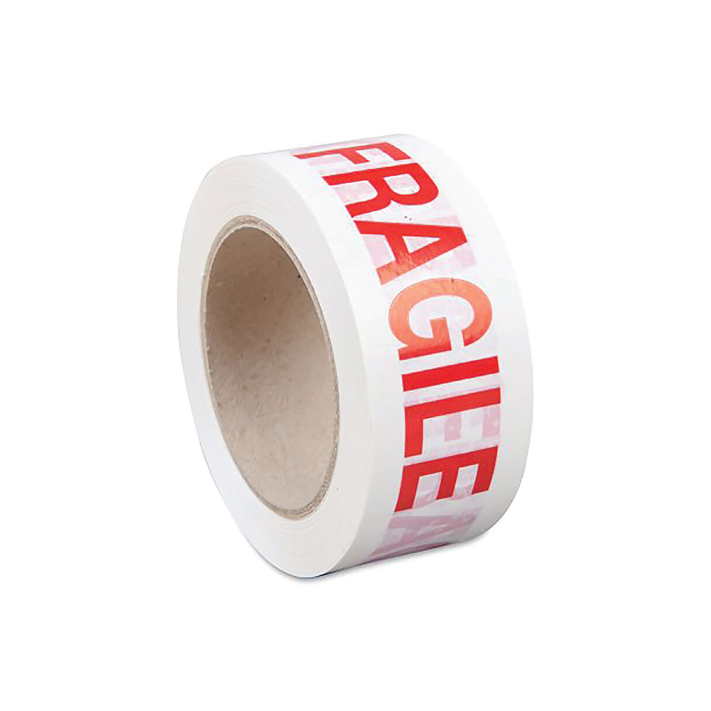 White and Red Fragile Vinyl Tape, 50mm x 66m (Pack of 6)