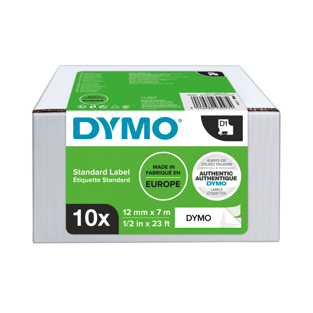 Dymo 12mm x 7mm Black on White D1 LabelMaker Tape (Pack of 10) - 2093097