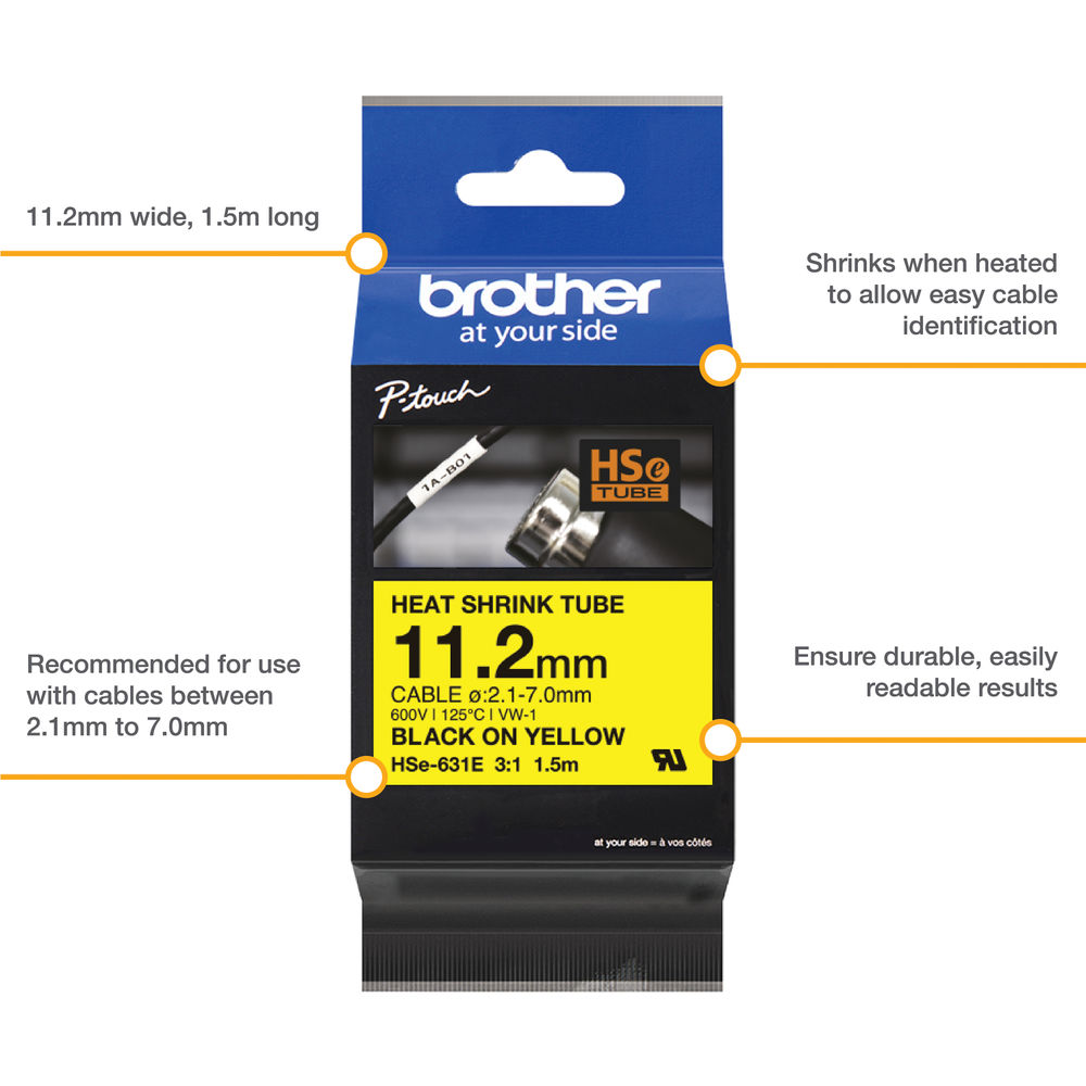 Brother HSe-631E 11.2mm Black on Yellow Heat Shrink Tube Tape