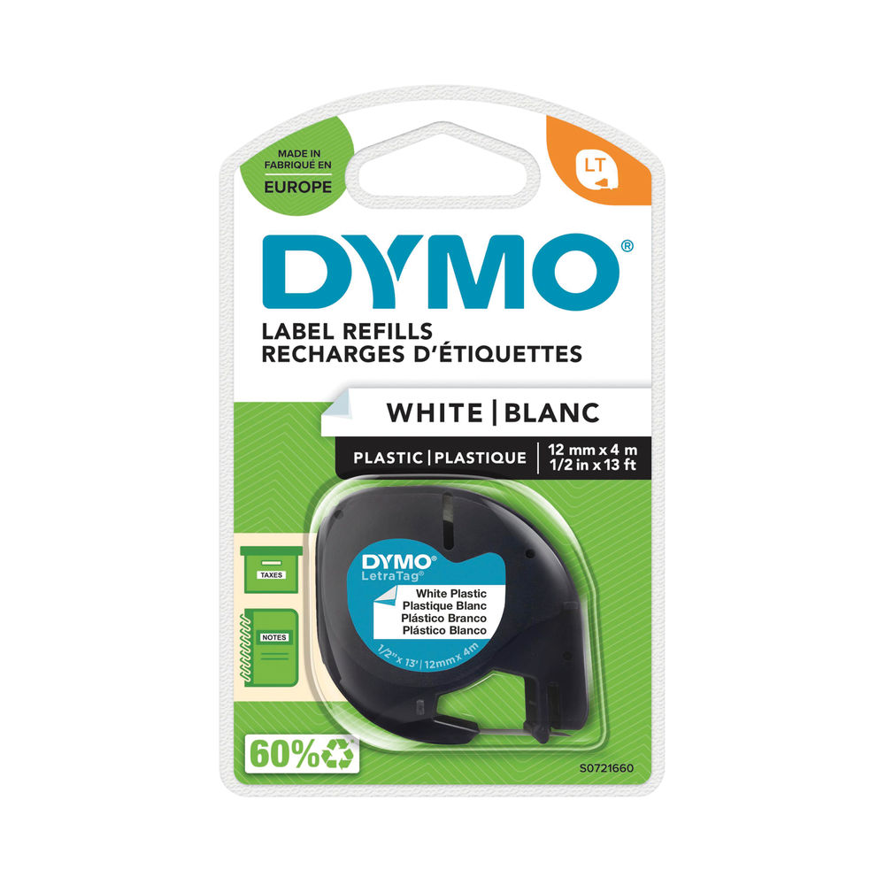 Dymo LetraTag Plastic Tape 12mm x 4m White PRL