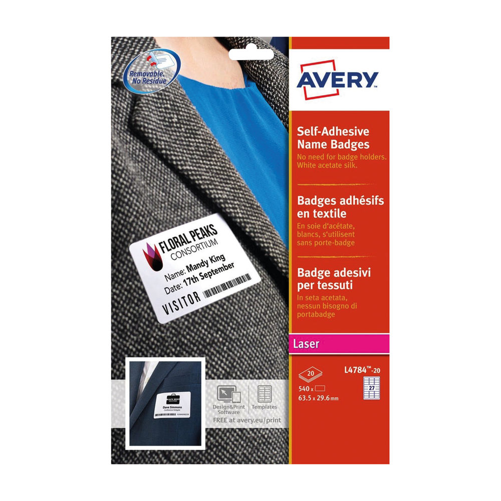 Avery 63.5 x 29.6mm Self-Adhesive Name Badges, Pack of 540 | L4784-20