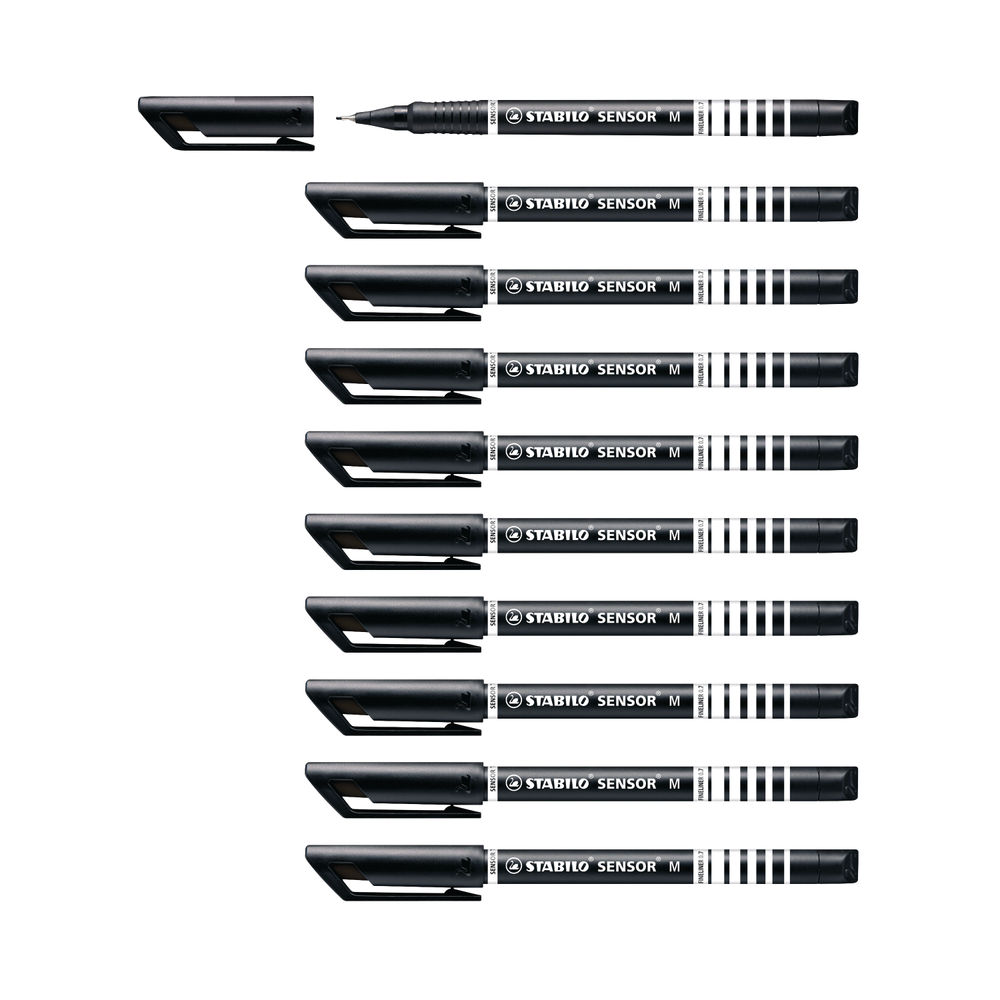 Stabilo Sensor Fineliner Bright Pen Medium Black (Pack of 10)