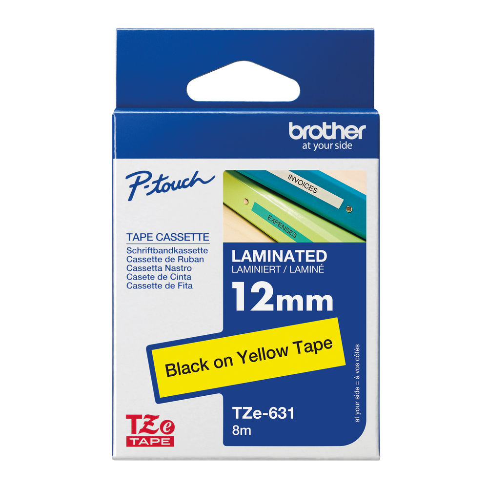 Brother P-Touch TZe Lam Tape Cassette 12mm x 8m Black on Yellow Tape TZE631