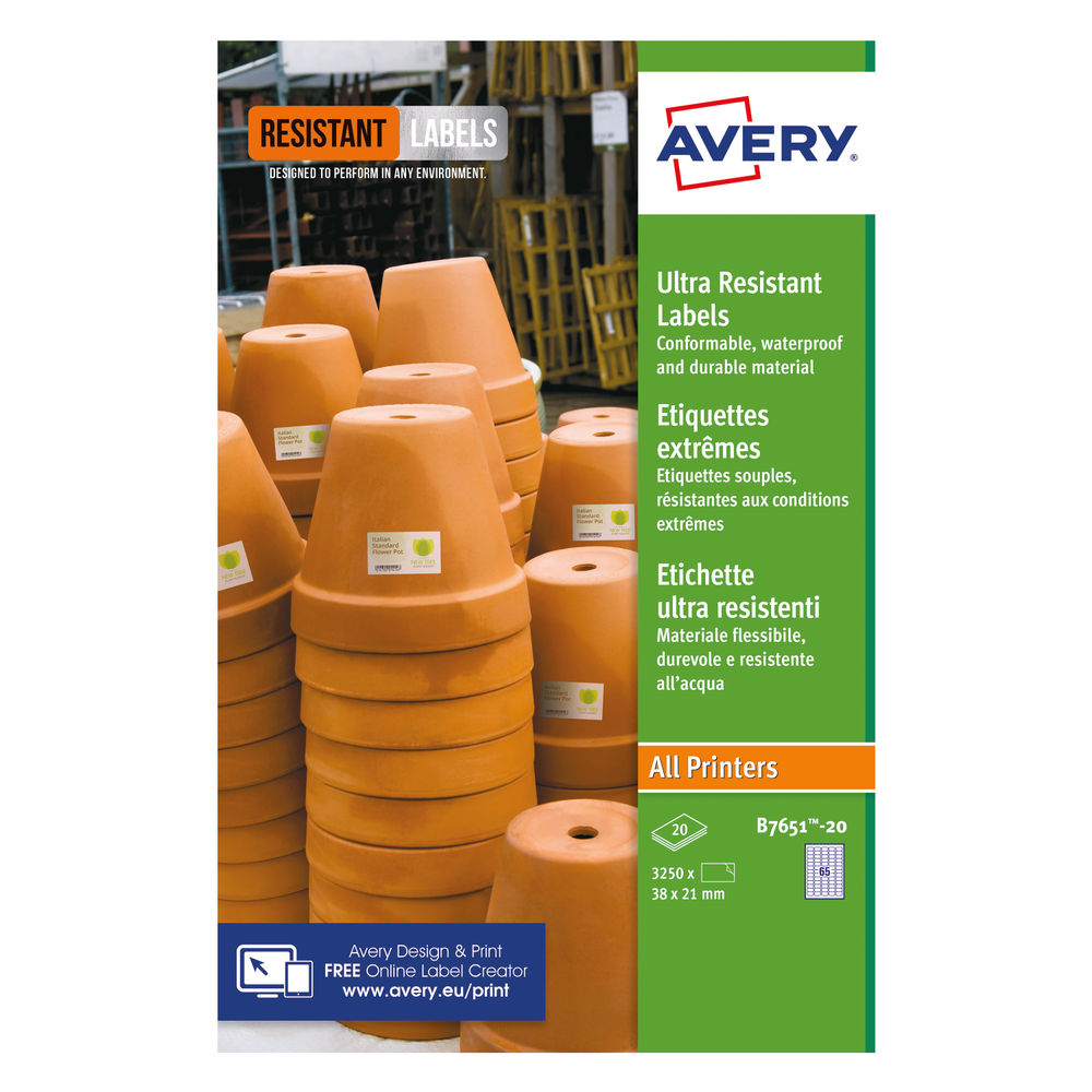 Avery Ultra Resistant Labels 38 x 21mm (Pack of 1300) - B7651-20