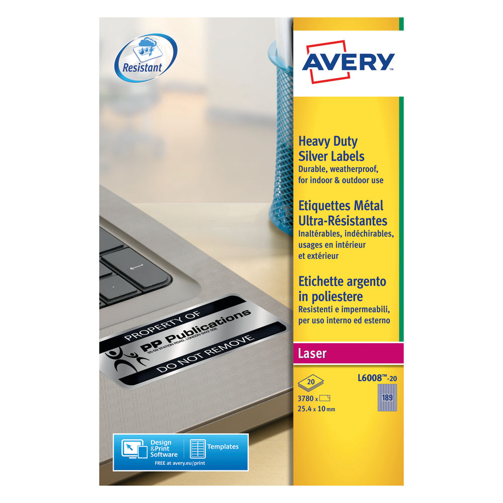 Avery Heavy Duty Silver Address Labels 25.4 x 10mm (Pack of 3780) - L6008-20