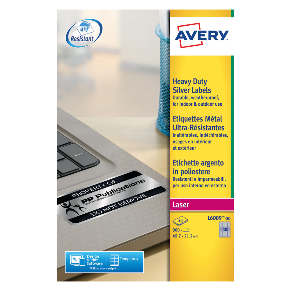 Avery Heavy Duty Silver Address Labels 45.7 x 21.2mm (Pack of 960)  L6009-20