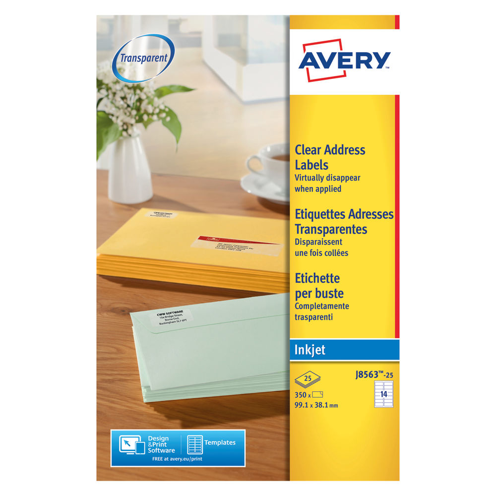 Avery Inkjet Address Labels 14 Per Sheet Clear (Pack of 350) J8563-25