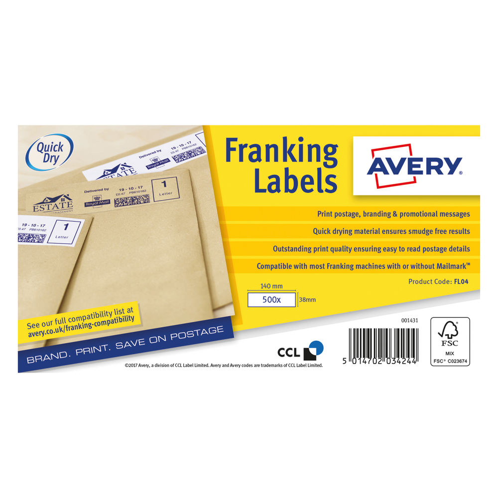 Avery Franking Label QuickDRY 140x38mm 1 Per Sheet White (1000 Pack) FL04