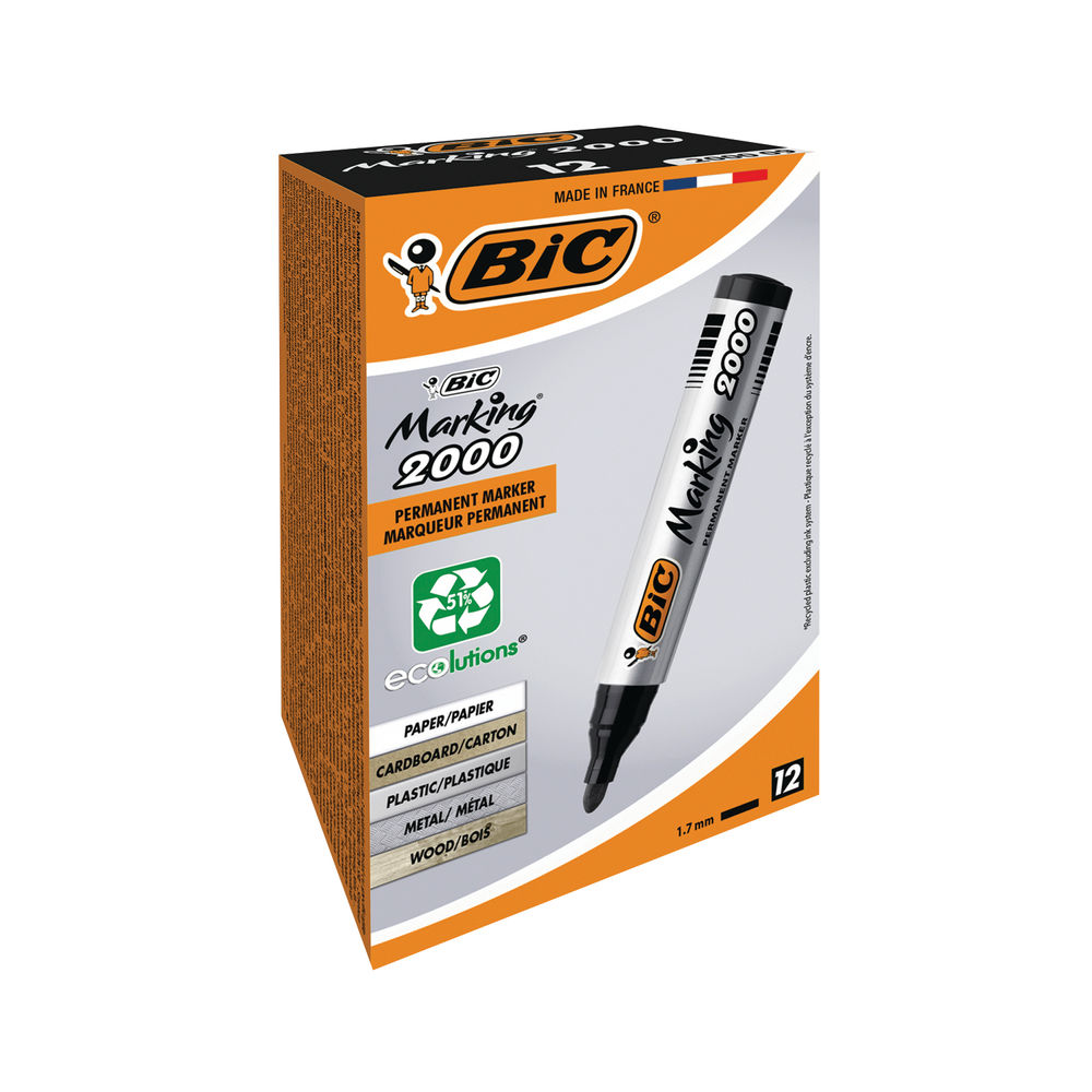 BIC 2000 Black Bullet Tip Permanent Marker Pens, Pack of 12 - 820915