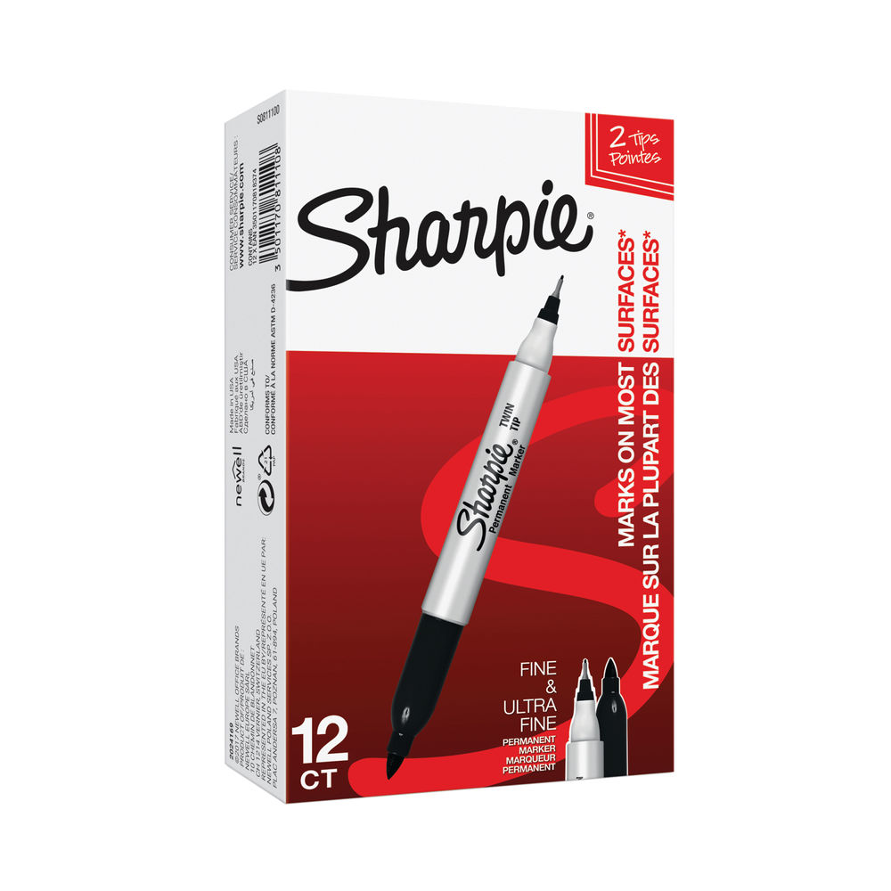 Sharpie Permanent Marker Twin Tip Fine/Ultra Fine Black (Pack of 12) S0811100