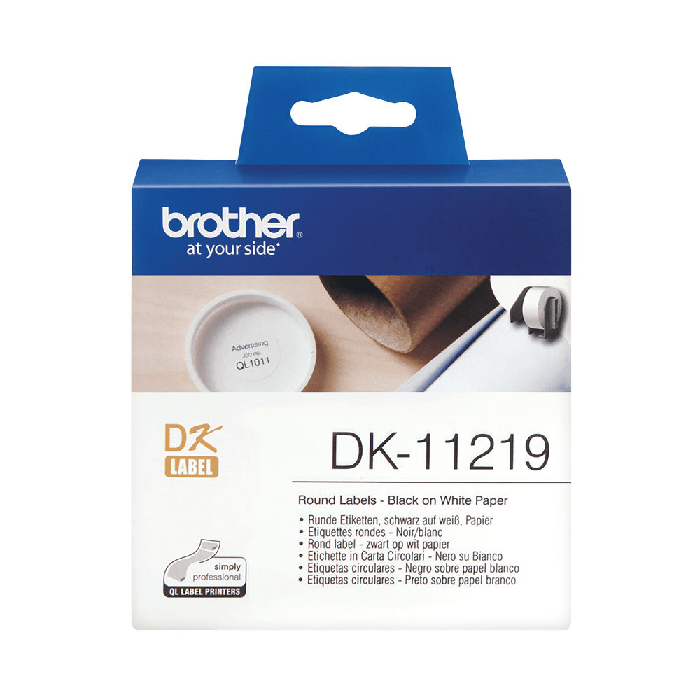 Brother Label Roll 12mm Round 1200 Per Roll Black on White DK11219