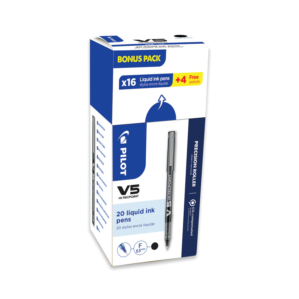 Pilot V5 Hi-Tecpoint Ultra Rollerball Pen Fine Black (Pack of 20) 3131910516507