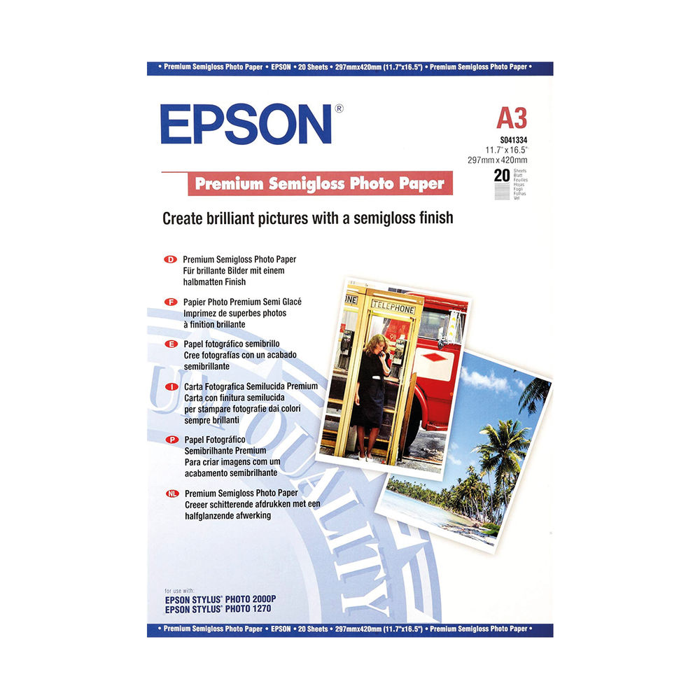 Epson Premium Semi-Gloss Photo Paper A3 250gsm (Pack of 20) C13S041334