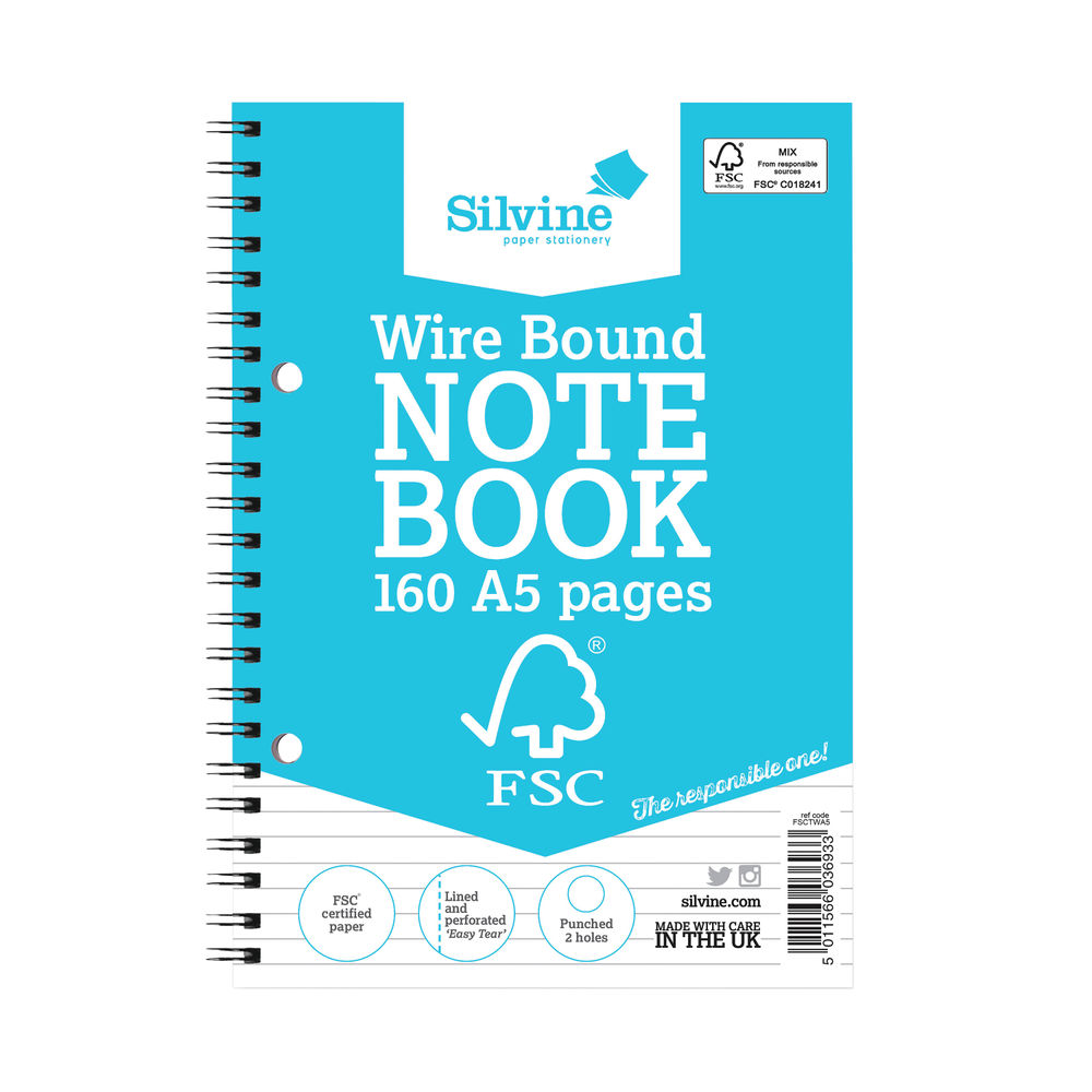 Silvine Envrion Wirebound Notebook 160 Pages A5 (Pack of 5) FSCTWA5