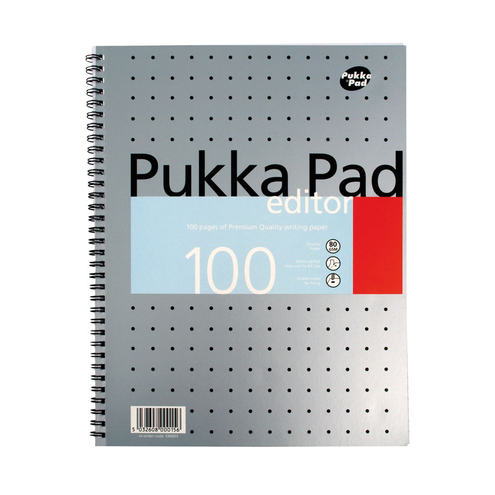 Pukka Pad Ruled Metallic Wirebound Editor Notepad 100 Pages A4 Silver (Pack of 3) EM003