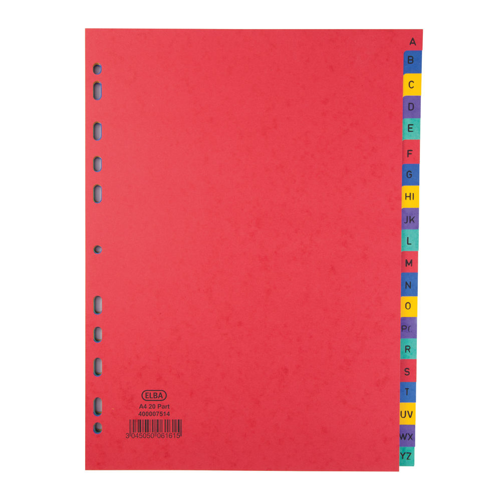 Elba A4 Plain Tabs 20 Part Multi-Coloured Index Dividers