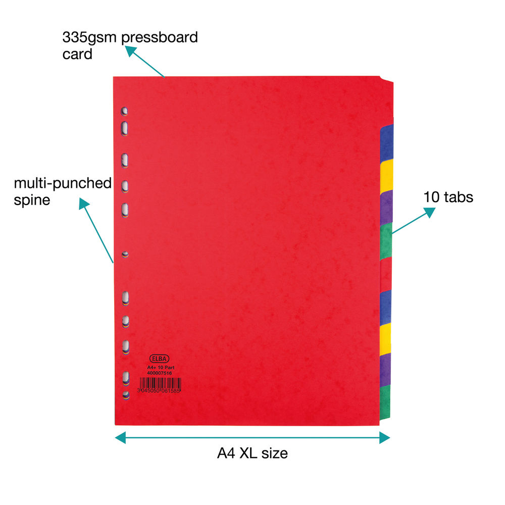 Elba A4 Extra Wide Coloured 10 Part Index Dividers