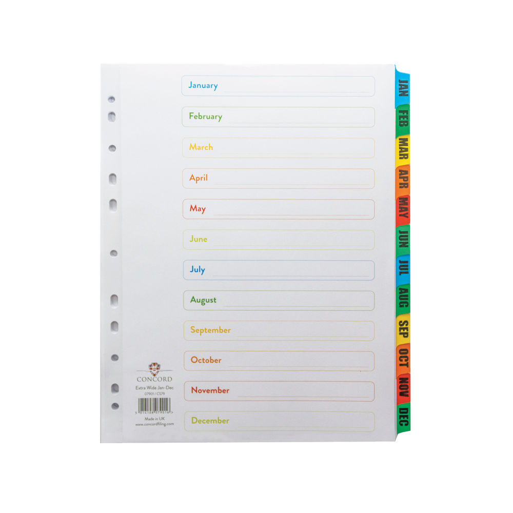 Concord Index Jan-Dec A4 Extra Wide Multicoloured Tabs 07901/CS79