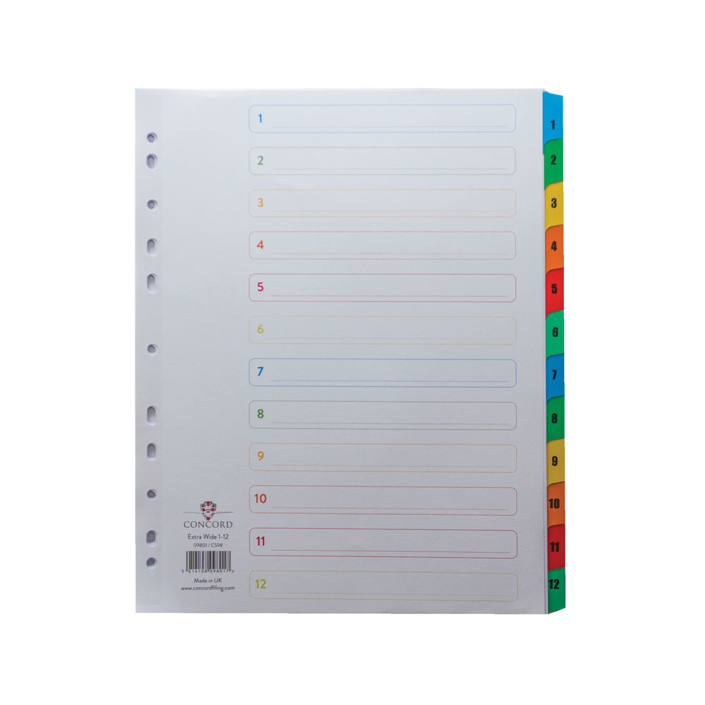 Concord Index 1-12 A4 Extra Wide Multicoloured Mylar Tabs 09801/CS98