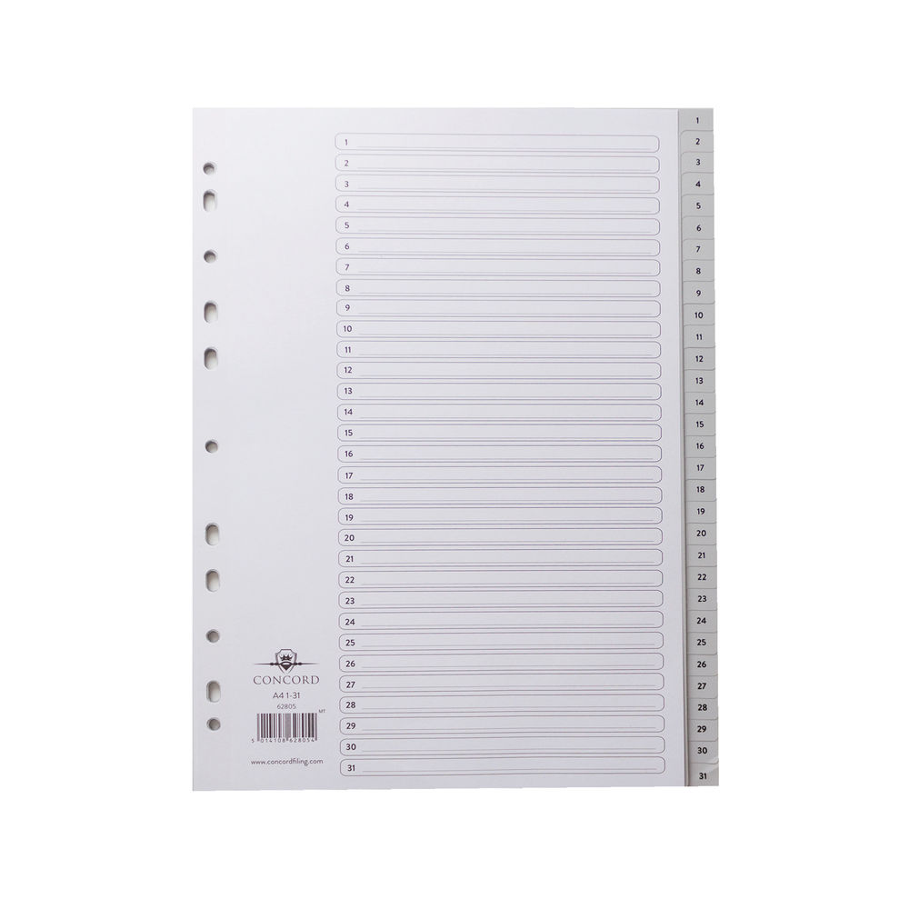 Concord 1-31 A4 Grey Polypropylene Index Dividers | 62805