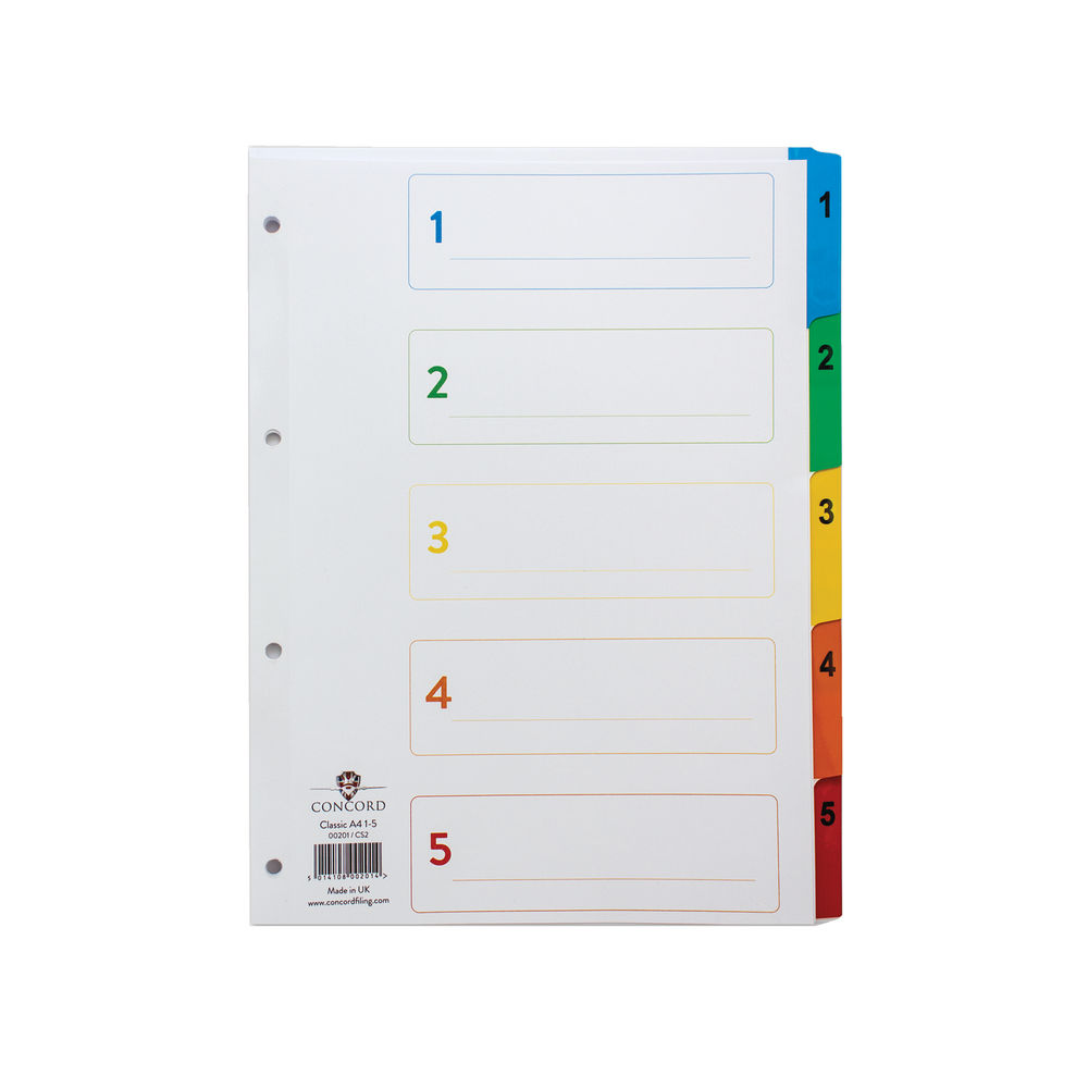 Concord A4 Coloured Mylar Numbered 5 Part Index Dividers