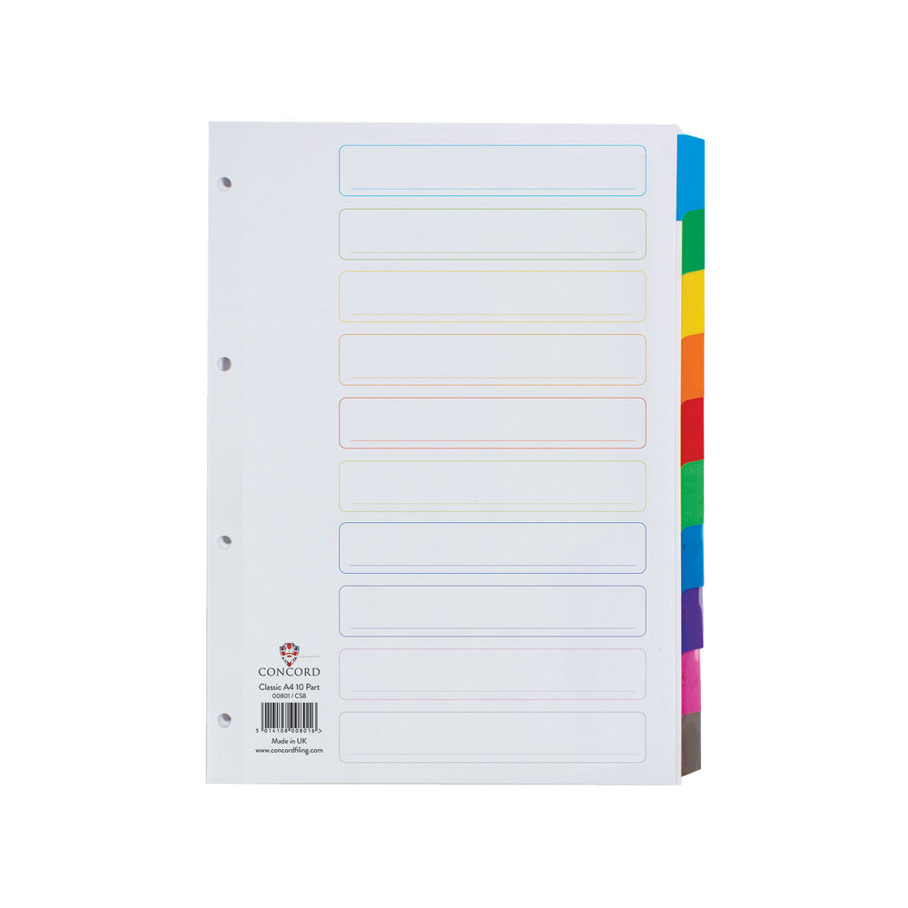 Concord Reinforced Divider 10-Part A4 Multicoloured Tabs 00801/CS8