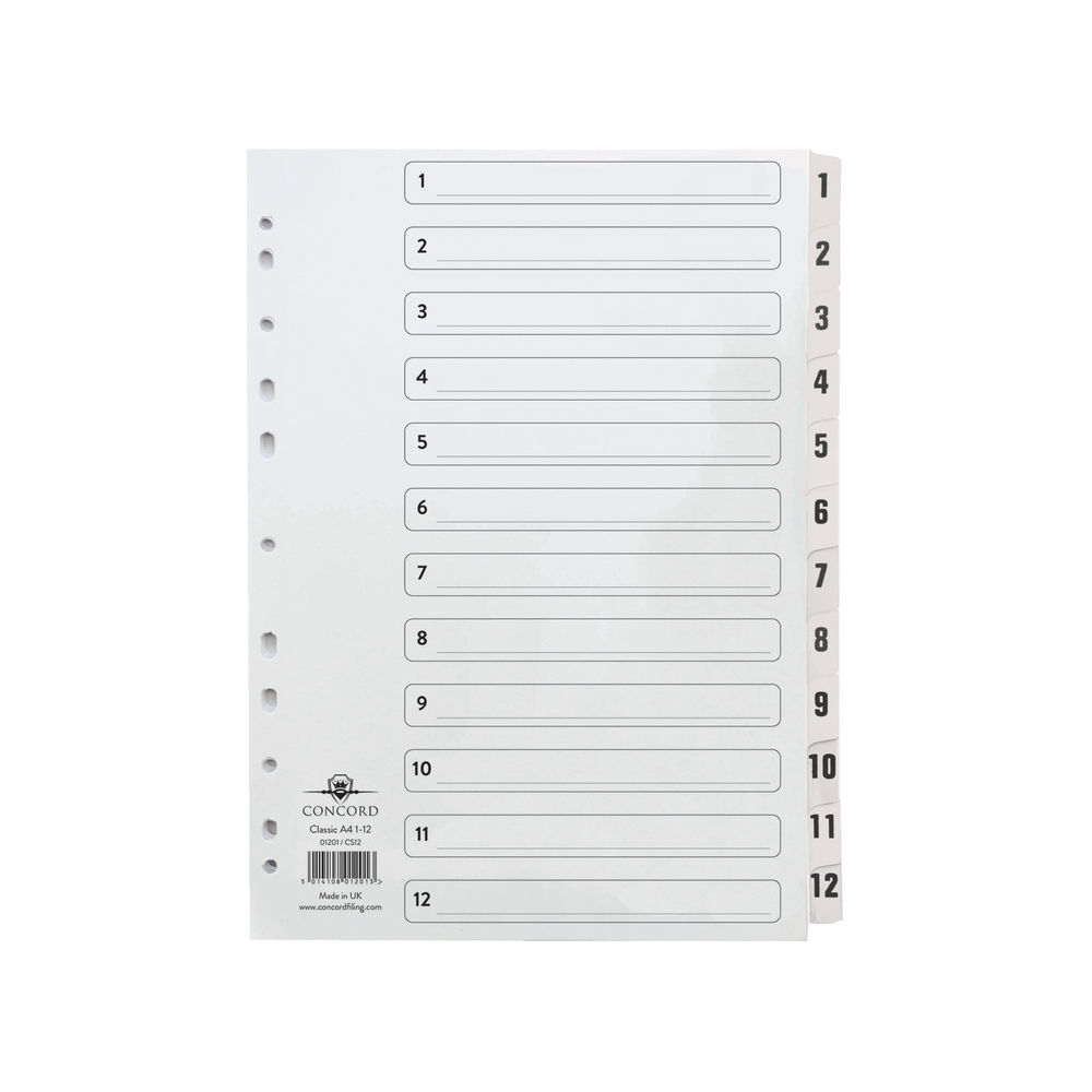 Concord Classic Index 1-12 A4 White Board Clear Mylar Tabs 01201/CS12