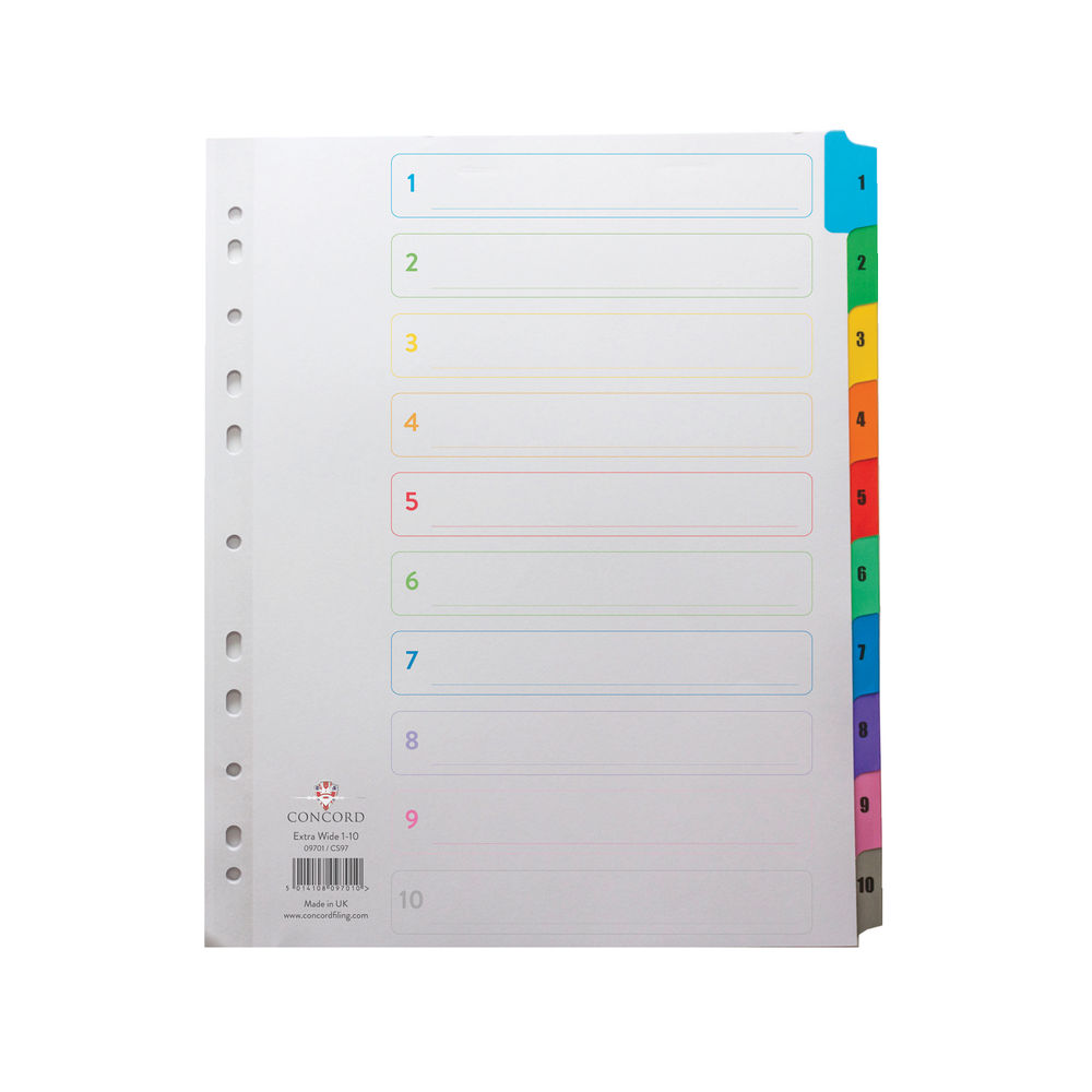Concord Punched Pocket Index Multicolour-tabbed Europunched 1-10 Extra Wide A4