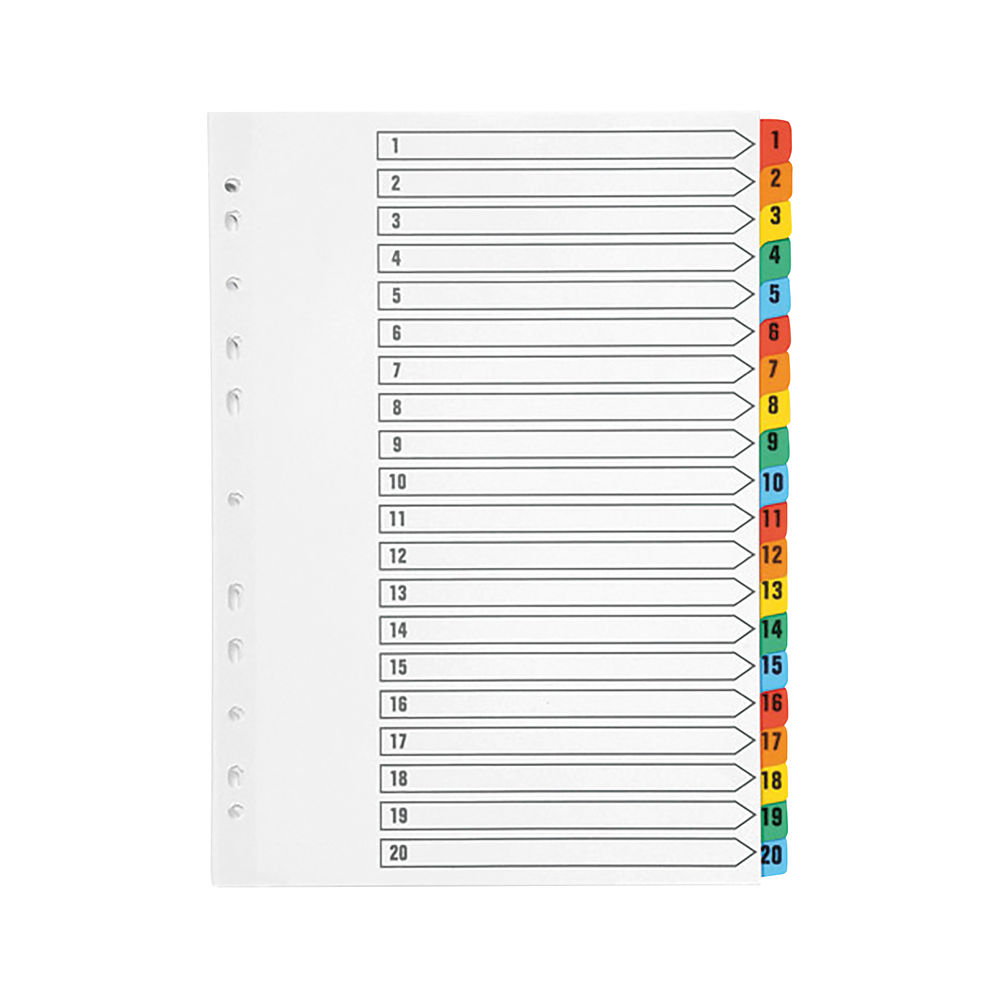 Q-Connect 1-20 Index Multi-punched Reinforced Board Multi-Colour Numbered Tabs A4 White KF01521