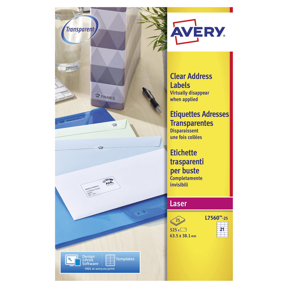 Avery Laser Address Labels 21 Per Sheet Clear (Pack of 525) L7560-25