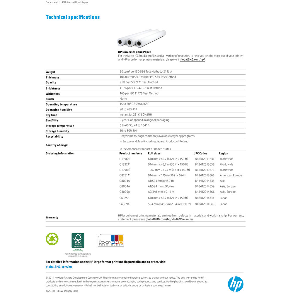 HP Universal Bond White Paper Roll 80gsm 914mm x 45.7m