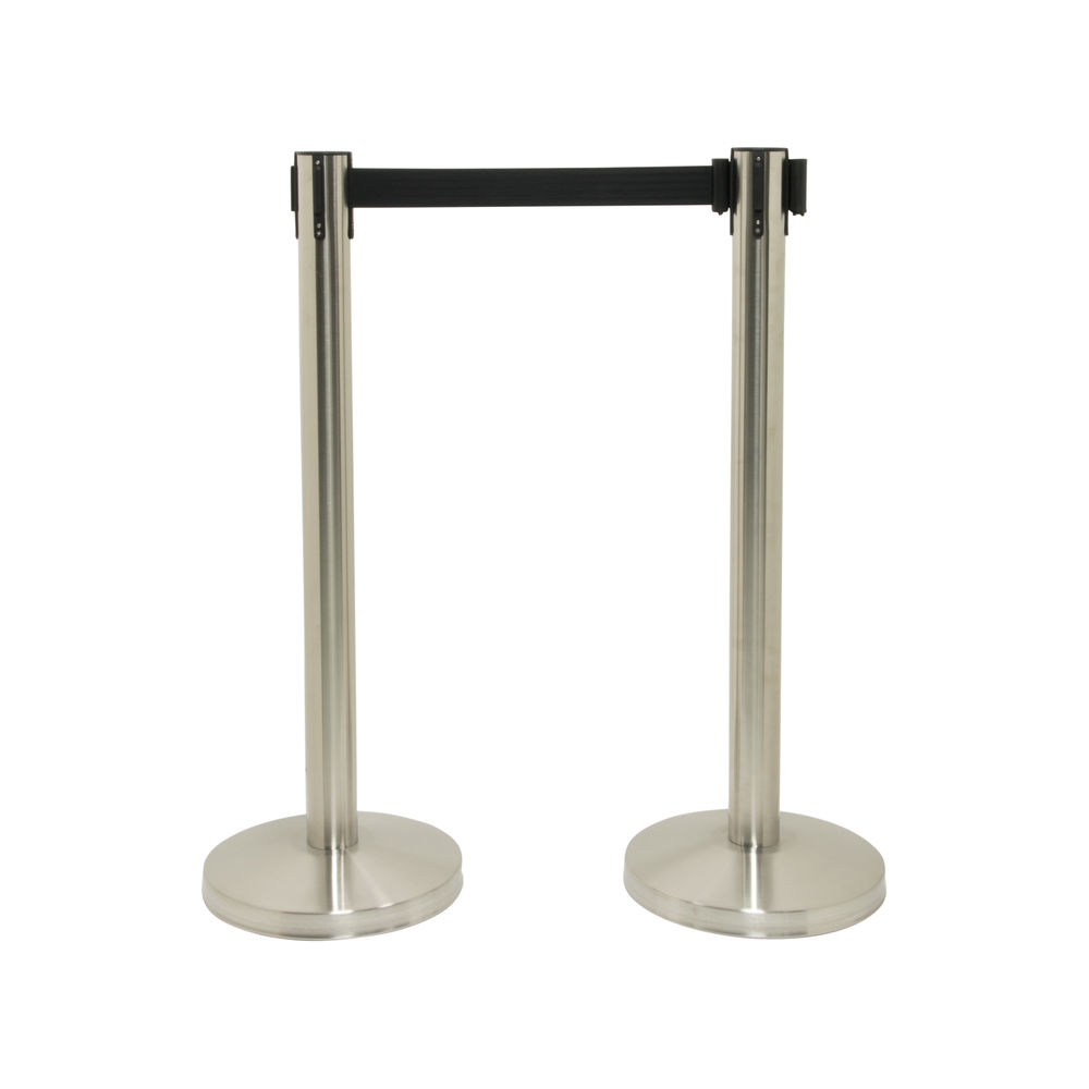 Securit Budget Barrier Pole Set with Retractable Belt Chrome/Black (Pack of 2)RS-RT-LW-CH