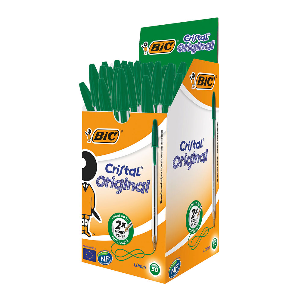 BIC Medium Green Cristal Transparent Ballpoint Pens, Pack of 50 - BC76246