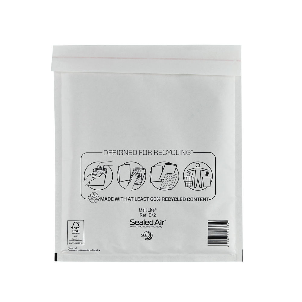 Mail Lite Bubble Lined Postal Bag Size E/2 220x260mm White  (Pack of 100) MLW E/2