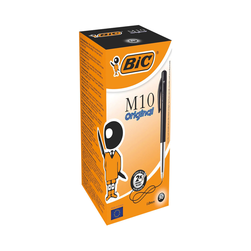 BIC Clic M10 Black Ink Retractable Ballpoint Pens, Pack of 50 - 901256