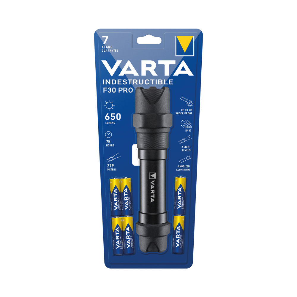 Varta Indestructible F30 Torch 78 Hour Run Time 6xAA Black 18714101421