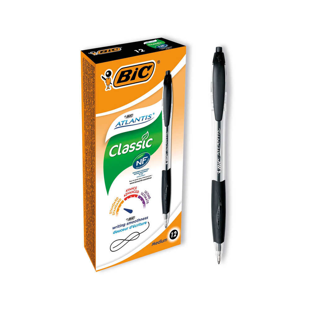 BIC Atlantis ECO Black Retractable Ballpoint  Pen, Pack of 12 - 933976