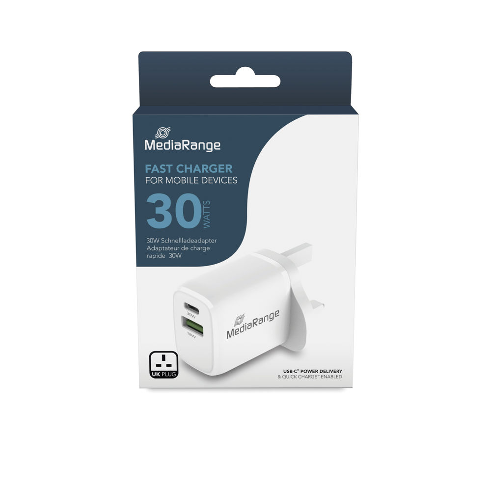 MediaRange White 30W Fast Charging UK Plug Adapter