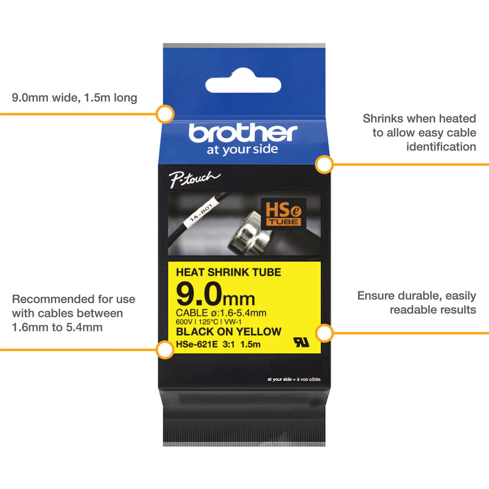 Brother HSe-621E 9.0mm Black on Yellow Heat Shrink Tube Tape