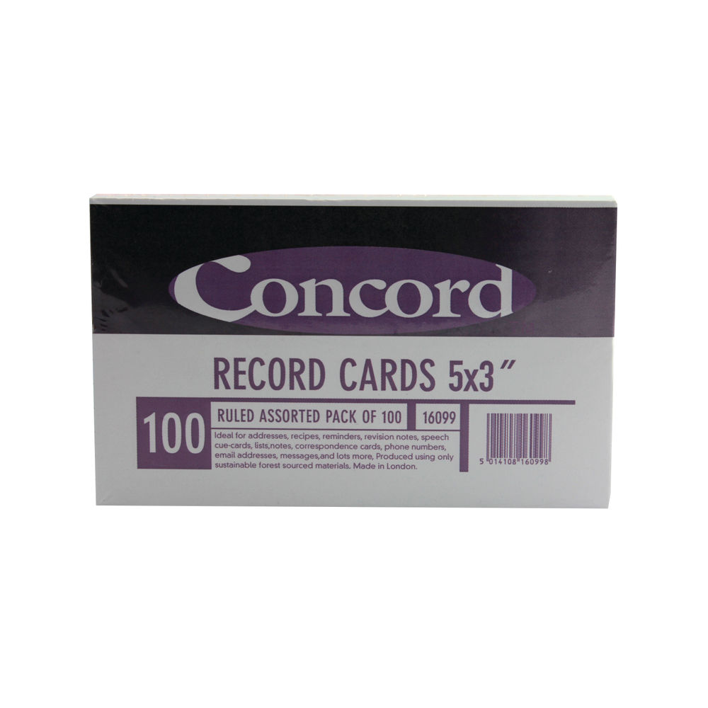 Concord Record Card Ruled 127 x 76mm Assorted (Pack of 100) 16099
