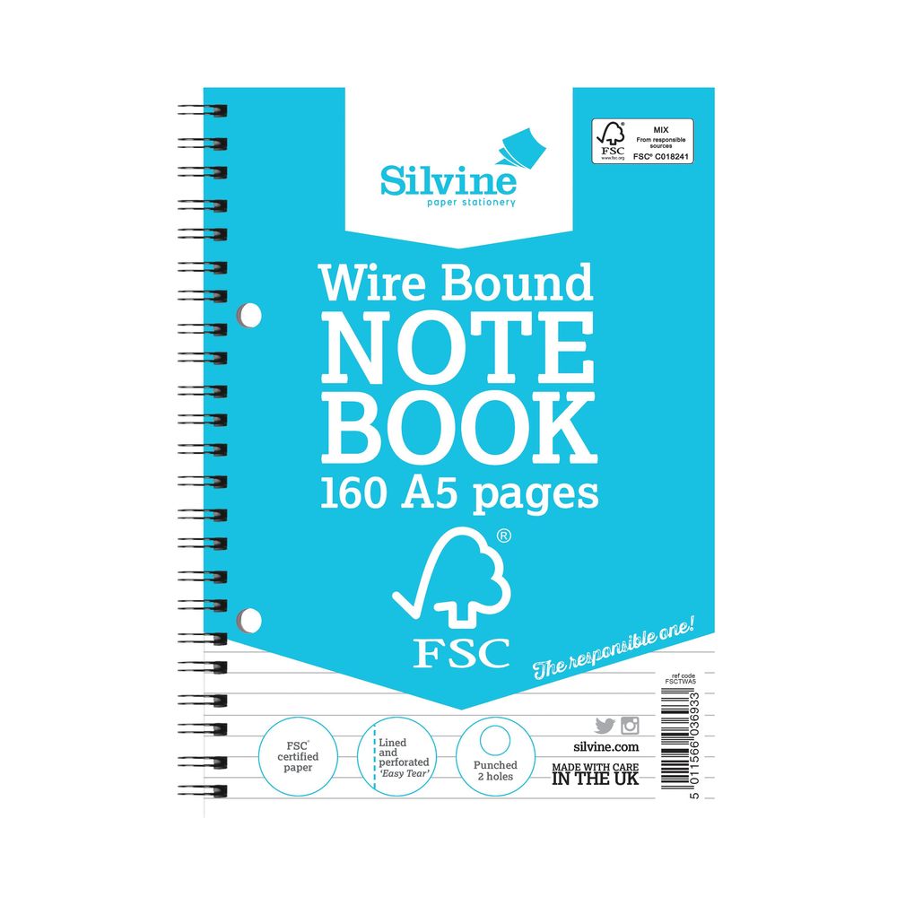 Download Silvine Envrionmentally Friendly Wirebound Notebook 160 Pages A5 (5 Pack) FSCTWA5